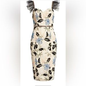 Lulu's Cream Floral Showstopper Dress with Black and Blue Accents